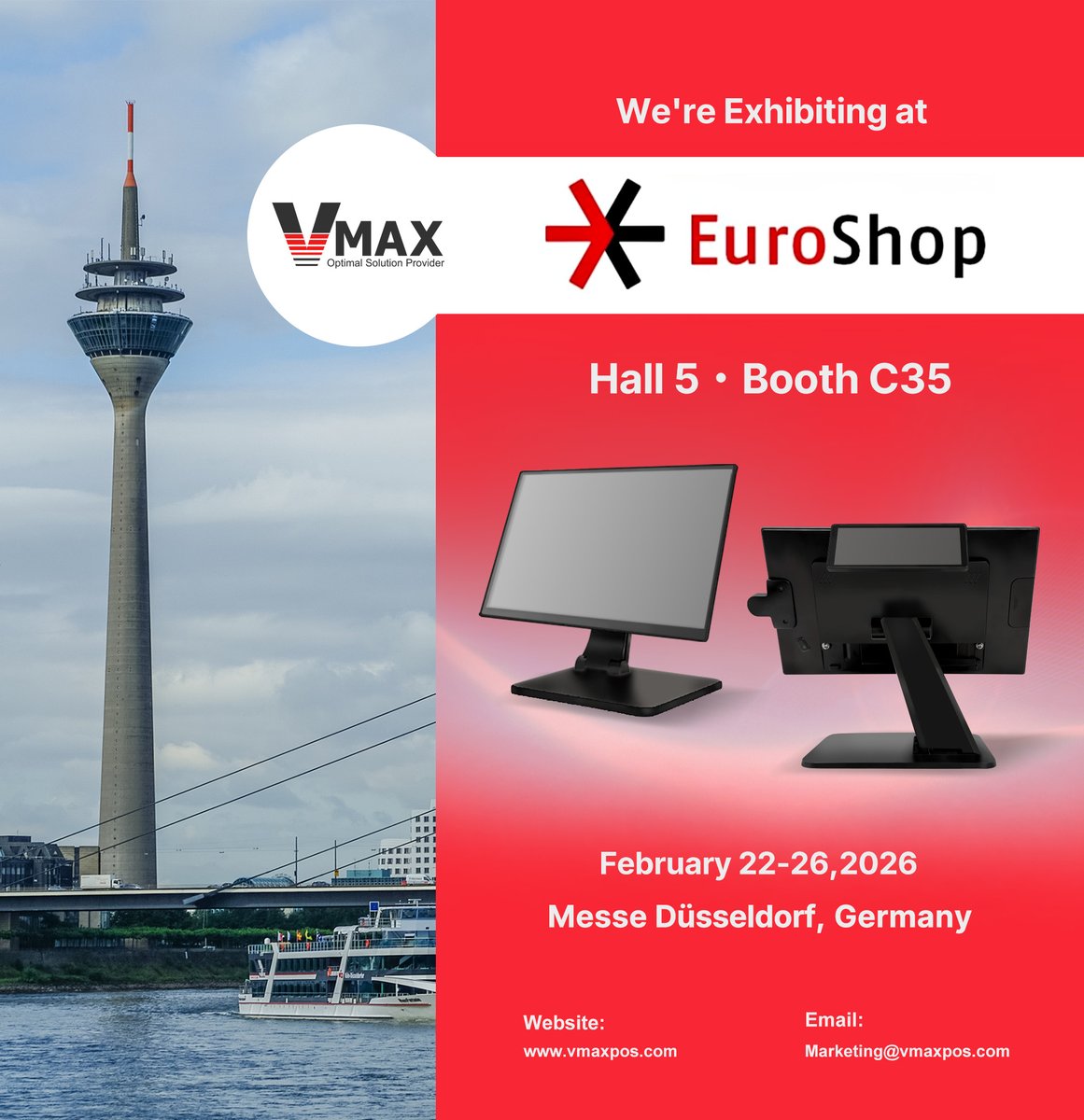 Vmax_POS's tweet photo. 🚀 The Stage Is Set. VMAX is ready for #EuroShop2026!
We deliver more than products — we help boost sales and reduce risks. Join us in Düsseldorf as we showcase tailored AIDC &amp; Smart Retail solutions built for your unique business needs.
📍 Meet us at Hall 5, Booth C35.  #POS https://t.co/0SmVN9JCGX