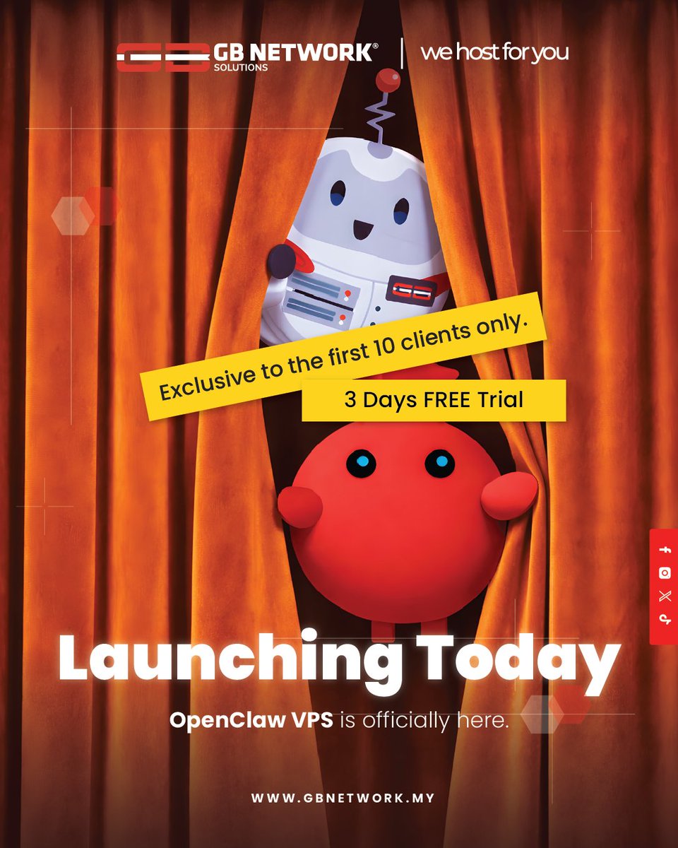gbnetworkMY's tweet photo. The Curtain Is Open.

The AI everyone’s talking about.
The AI that actually gets things done.
Now live in 5 minutes.

Introducing OpenClaw VPS
Your AI agent on your own private VPS.

🎁 3 Days FREE (First 10 only)

Deploy yours today:

 https://t.co/MX3FWejOsb
#OpenClaw #clawdbot https://t.co/lRZ91N1TrD