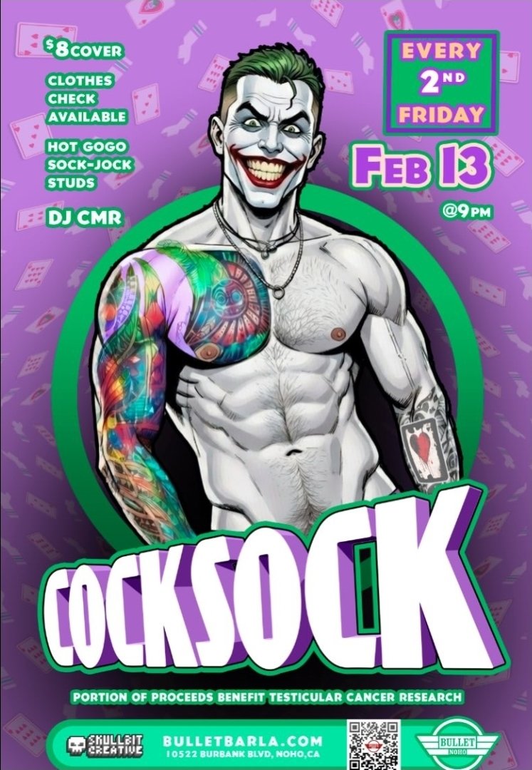 TheBulletbar's tweet photo. Get your Socks Out 🤡😈
Or better yet grab one of ours
Friday the 13th
9PM
#CockSock #CockSockLA https://t.co/FuGKogc1xr