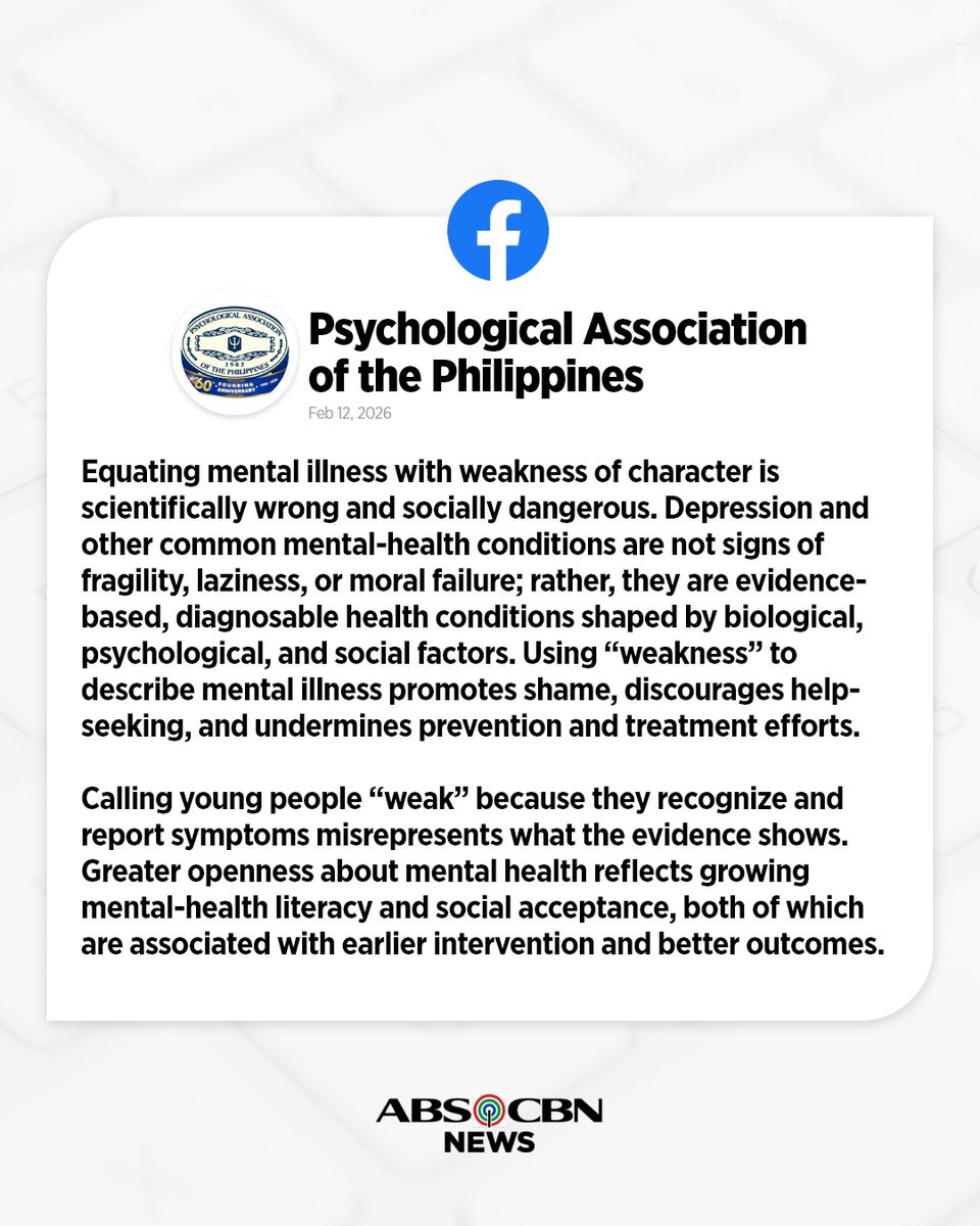 ABSCBNNews's tweet photo. "It’s a public health reality that deserves dignity, compassion, and science-based understanding." 🧠

The Psychological Association of the Philippines chided Senator Robin Padilla for making "stigmatizing and misleading" remarks about the mental health of the youth, saying it poses risks to children, adolescents, and families who are experiencing mental health challenges.

Related story: https://t.co/ry5ab49Lsl