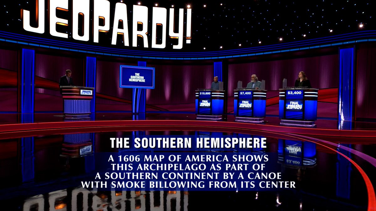 Jeopardy's tweet image. Tonight's Final #Jeopardy! is taking us to the southern hemisphere. 🌎