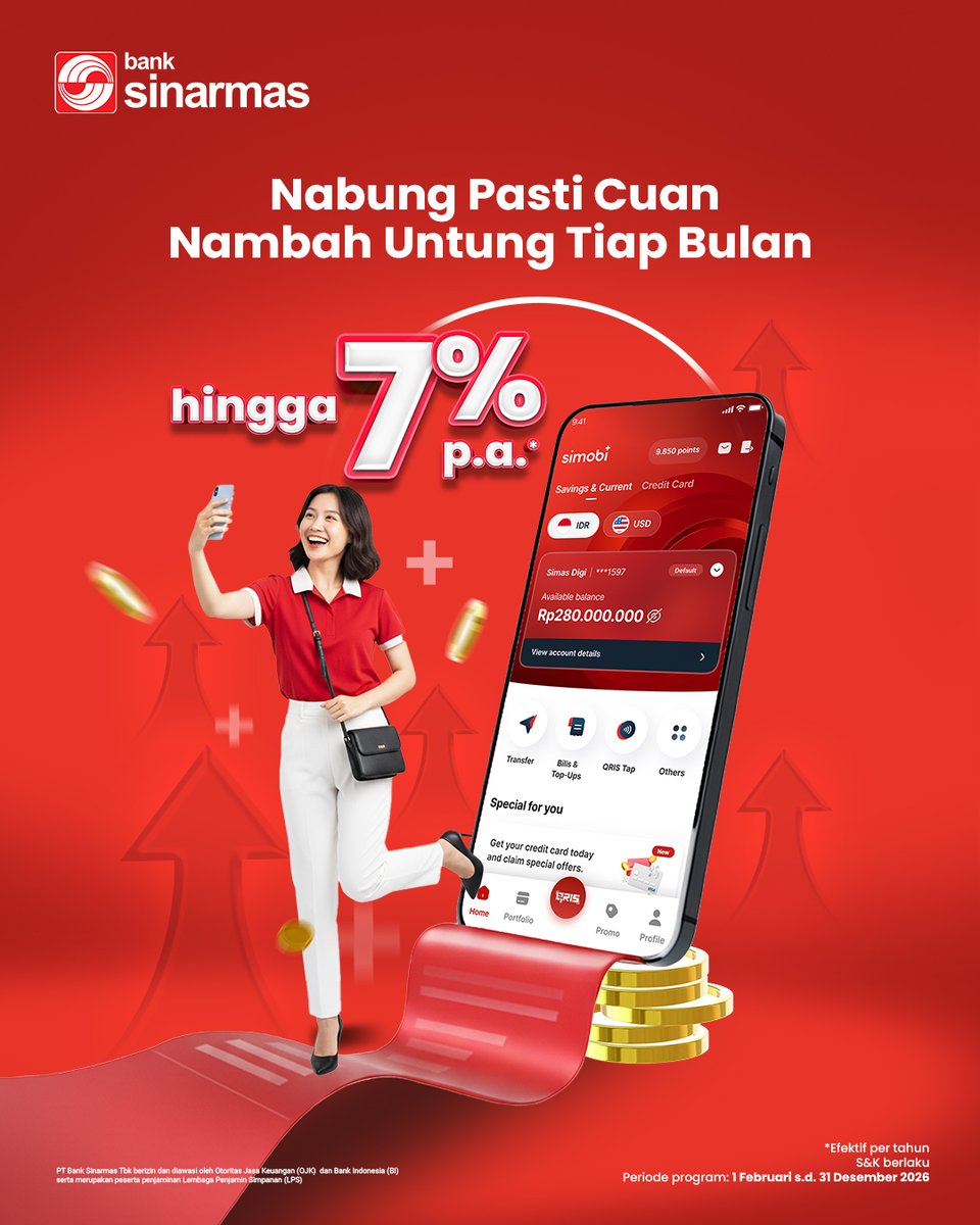 Nikmati bunga bertingkat hingga 7% p.a. dengan mempertahankan saldo rata-rata Tabungan Online Simas Digi mulai dari Rp1 juta.
Semakin tinggi saldo tabunganmu, semakin besar keuntungan yang bisa kamu dapatkan.

Yuk, download SimobiPlus dan buka tabunganmu sekarang.
S&amp;K berlaku.