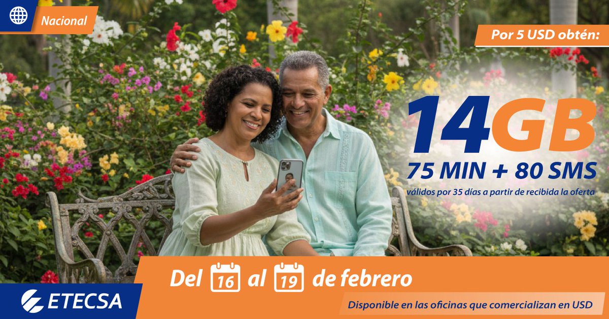Recarga nacional desde las Oficinas Comerciales, podrás adquirirlo a partir del lunes 16 y hasta el jueves 19, no pierdas ésta oportunidad.
#EtecsaTeAcompaña