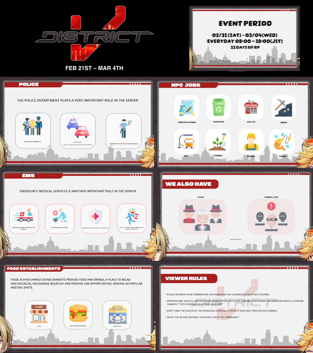 WELCOME TO #DISTRICTV #lucalive
🗓️Feb 21st - Mar 4th
⏰8:00-18:00 (JST)
-A LOT of people will participate including corpo, indies and NIJI
-Immersive friendly RP (semi serious)
-Viewers please NO PIGEONING!
-There's a chapel in game (couples allowed)
-Clipping it's ok