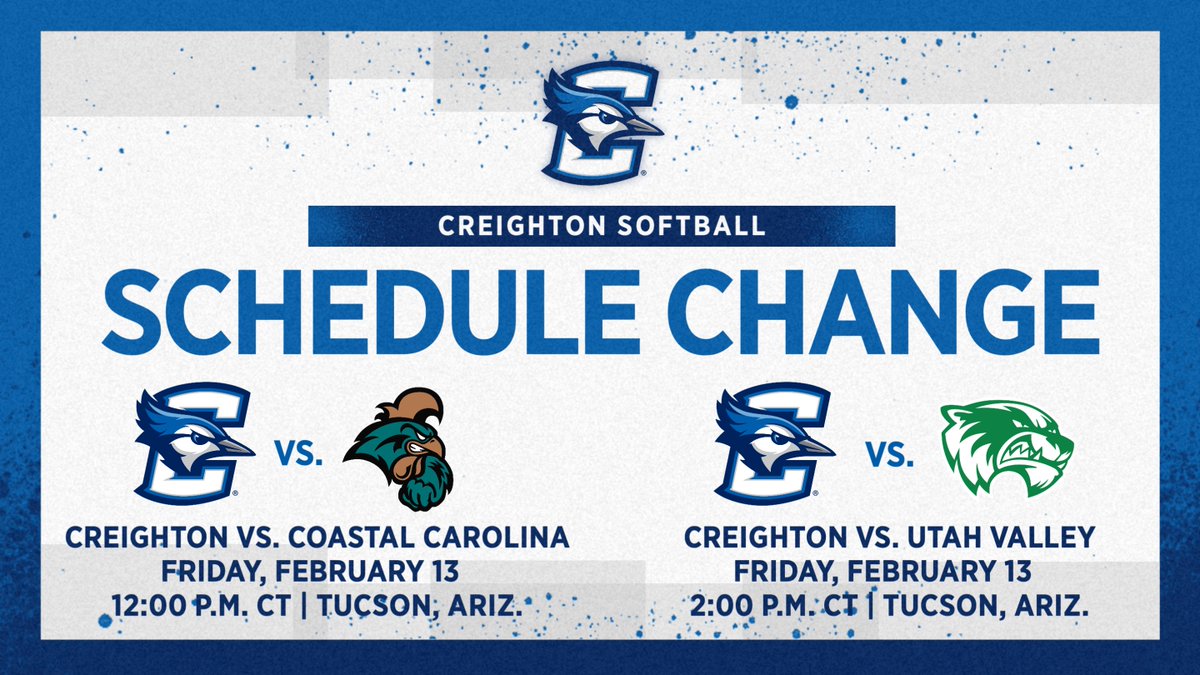 BluejaySoftball's tweet photo. 🚨Bear Down Fiesta Schedule Change 🚨

Due to rain in the forecast tomorrow, our Friday schedule has changed. 

We will now play Coastal Carolina at 12 p.m. CT before taking on Utah Valley at 2 p.m. CT.

#GoJays x https://t.co/3HfzisW1yL https://t.co/BfPgjwBcrP