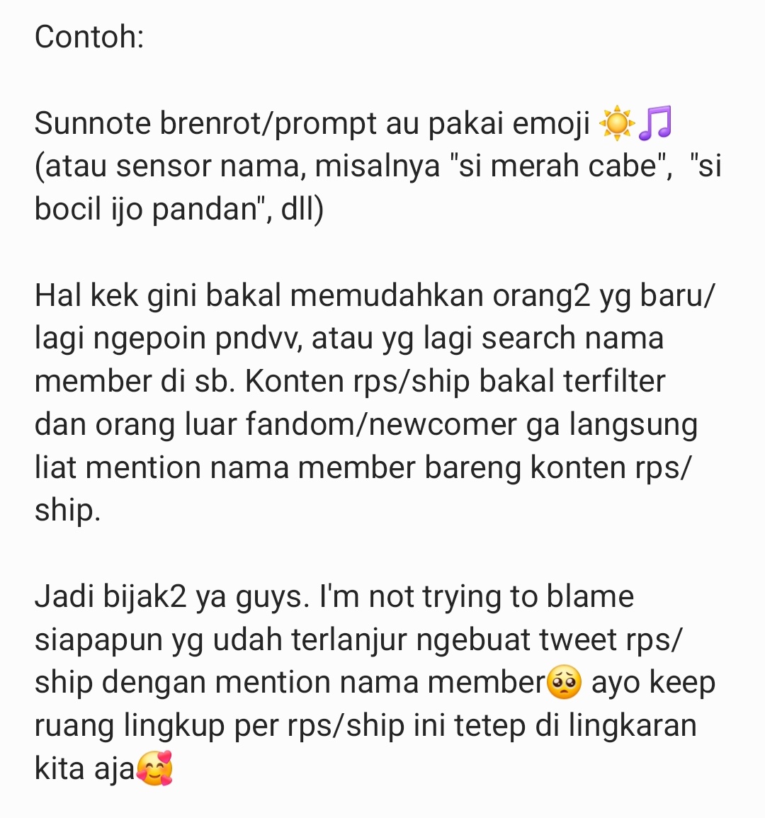 Ijin reminder🥺🙏 ngeliat kmrn ada yg bawa2 ship di live stream. Sekaligus buat ngehindarin branding BL di newcomer, jangan lupa buat sensor nama member atau pakai emoji setiap nge tweet brainrot/prompt au buat konten rps/ship ya guys🥺🙏