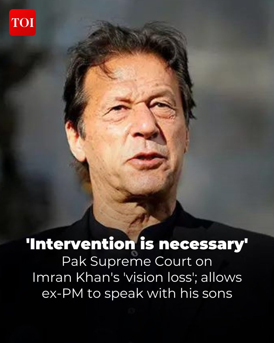 The #SupremeCourt of #Pakistan directed authorities to constitute a medical board to assess the health of jailed former #PrimeMinister #ImranKhan after reports surfaced about a loss of vision in one of his eyes.

Details here 🔗toi.in/rQB-zb