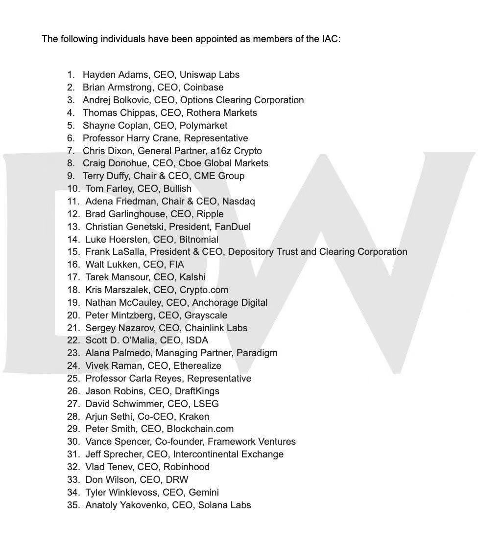 川普政府刚刚任命了加密货币、金融、预测市场等领域的顶尖CEO组成一个全新的政府顾问委员会。

Coinbase的Brian Armstrong、Robinhood的Vlad Tenev和Polymarket的Shayne Coplan等35位CEO均在列。