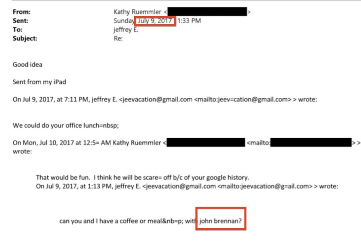 RealSLokhova's tweet image. The next media cover up

They won't tell you that Obama lawyer Ruemmler was friends with CIA Director John Brennan, and was organizing a meeting between Brennan and Epstein in the middle of Russiagate Conspiracy against President Trump.