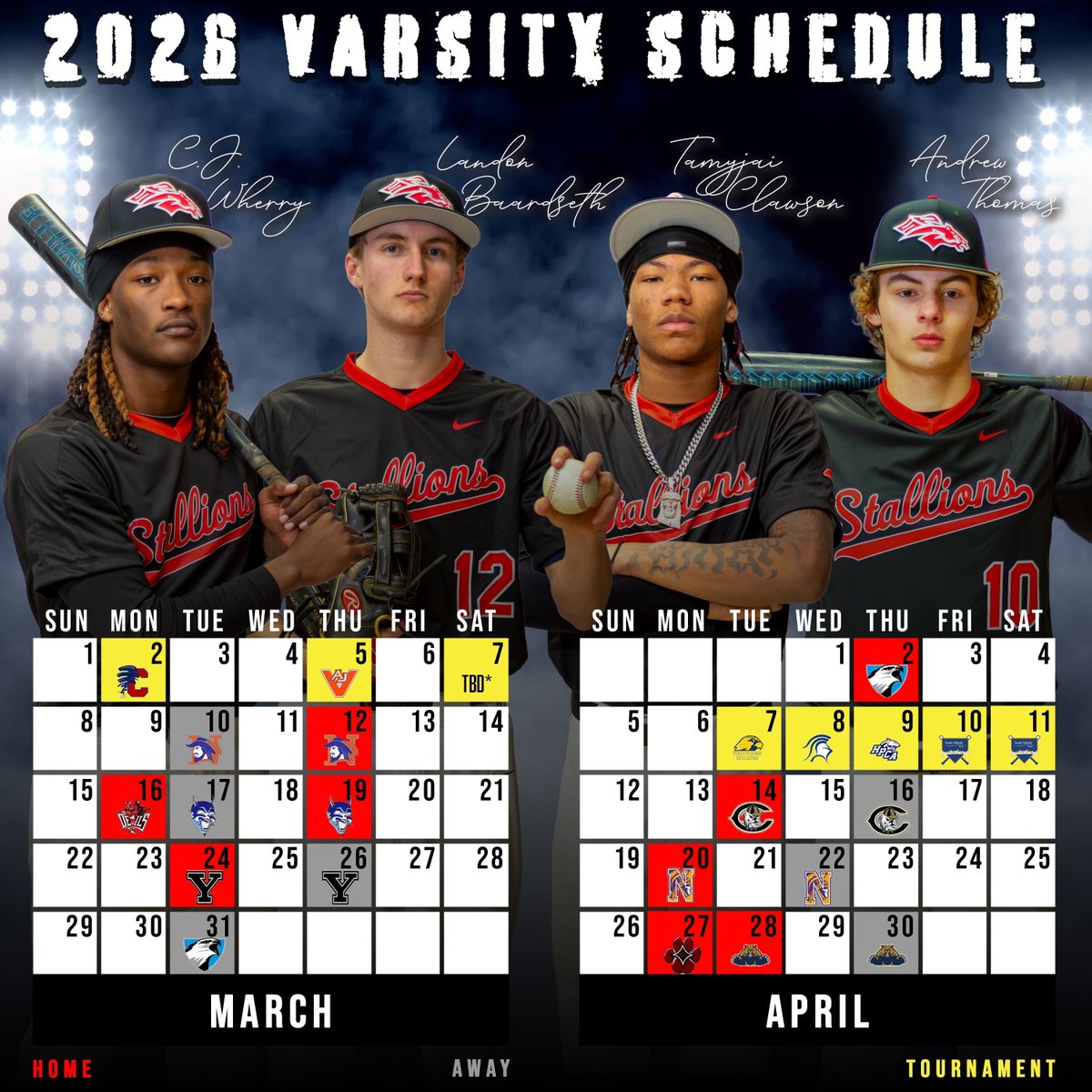 southpointeball's tweet photo. 🗓️2026 Varsity Schedule Release⚾️

See you at the ballpark.

(Seniors: Landon Baardseth, Tamyjai Clawson, Andrew Thomas, CJ Wherry) https://t.co/JDygtUCmW9