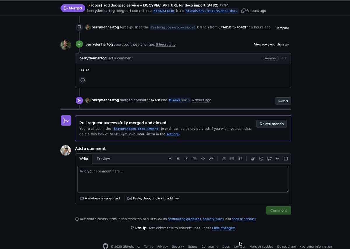 Rishav392044's tweet photo. Just got my pull request merged into MinBZK/mijn-bureau-infra 

Added docspect service + DOCSPEC_API_URL for docx import (#432)

Big thanks to the maintainers for the review and merge 
On to the next contribution 
#OpenSource #GitHub #FirstPR #GSoCJourney https://t.co/aMPWTAapI8