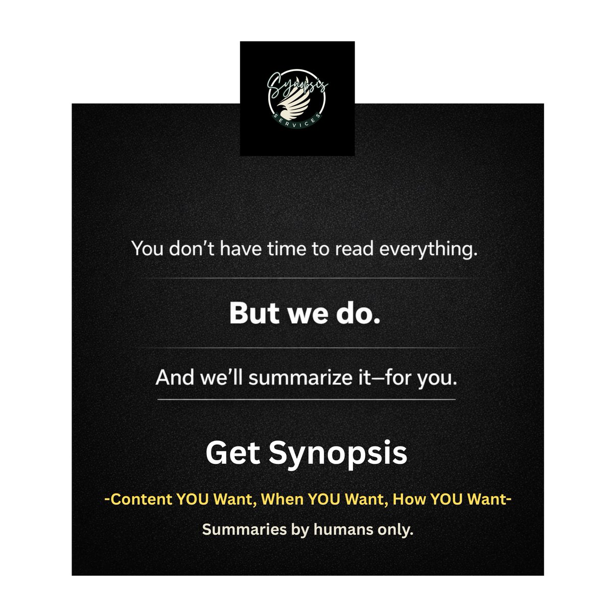 newagecontent's tweet photo. Content summaries on any topic of choice. In the format you want. Summaries by humans, so that you get the context. For the busy in you.
Get in touch.
https://t.co/29H0aKVdV8
#content #contentsummaries #informationexplosion #contentoverload #synopsis https://t.co/Ti5glqu6ow