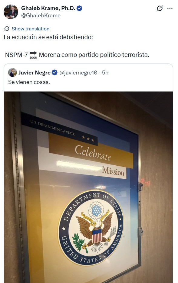 🔍Una puntualización, a manera de nota aclaratoria. La publicación de <a href="/DerechaDiarioMX/">La Derecha Diario México</a> se desprende de un tuit que afirma:

“La ecuación se está debatiendo: NSPM-7 🔜 Morena como partido político terrorista”.

A continuación presento una nota aclaratoria en forma de análisis
