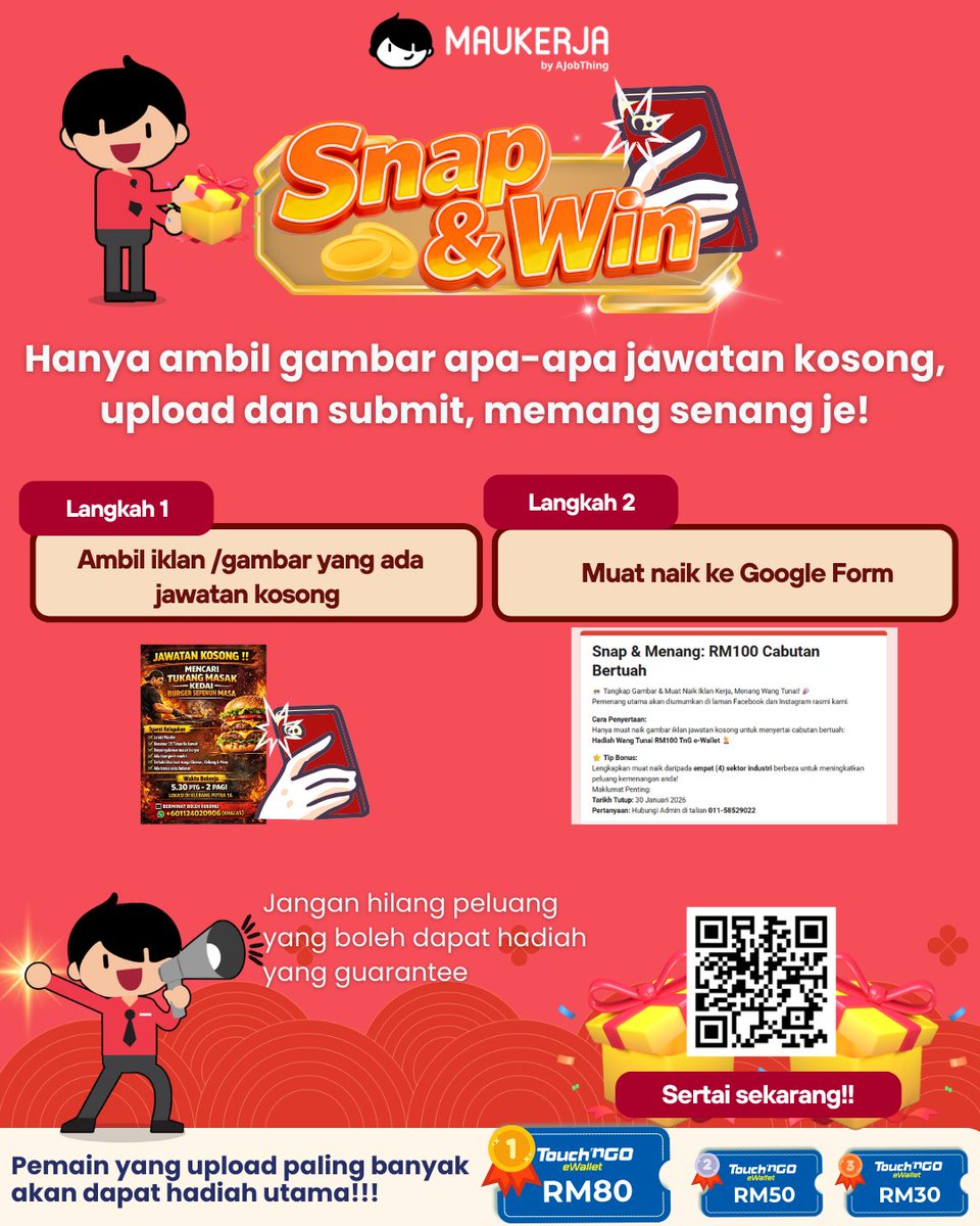 MauKerjaMY's tweet photo. Korang ada nampak poster jawatan kosong dekat mana2 kedai atau online?

Tangkap gambar, hantar pada kami &amp; menang TNG e-Wallet! 📸😎💰

⏰ Tarikh Tutup: 19/2/2026 
🔗 Sertai Sekarang: https://t.co/4U6Zm6nR3g

#snapnwin #maukerja #tng #pertandinganbertunai https://t.co/kKjacB86Cj