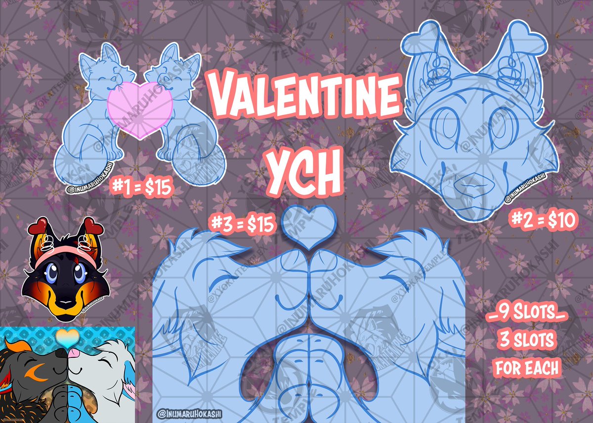 Inumaruhokashi's tweet photo. Some simple, cute Valentines YCH!

3 slots for each choice, no shading. Dm or comment to claim a slot 🫶💝 #ychcommission #ych #furry #furryartists https://t.co/A4Zo4o3R0J