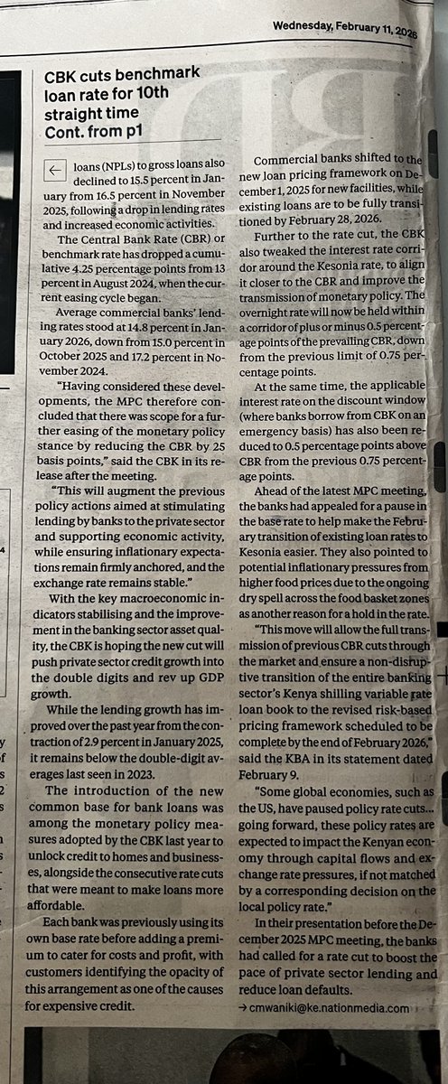 The Central Bank of Kenya cut its benchmark rate to 8.75%, continuing its easing cycle as inflation remained contained and the shilling stayed stable. The move follows a steady decline in inflation, which has remained below the 5% target midpoint, giving policymakers room to
