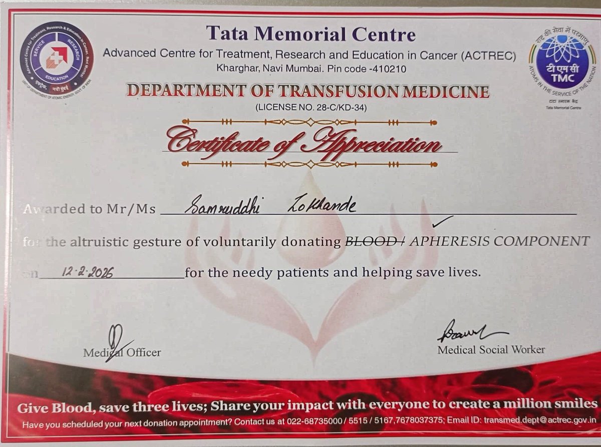 indiacares_2020's tweet photo. As part of the patient’s ongoing treatment at Tata Memorial Hospital, Kharghar, there was an urgent requirement for B+ platelet support.

We are deeply grateful to @samruddhi2605, who promptly stepped forward, completed the screening process, and successfully donated platelets last evening. Her generosity provided timely and vital support for the patient’s treatment.

Special thanks to @RahulCDedhia and @KYSForYou for their prompt coordination and continued support.

#IndiaCares