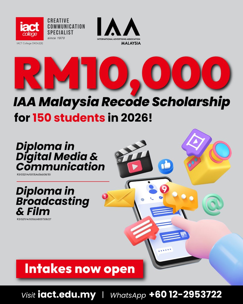 This is more than a scholarship.
This is your moment.

IACT College and IAA Malaysia are awarding RM10,000 scholarships to 150 students in 2026.

Intakes now open.
Apply today at iact.edu.my or WhatsApp +60 12-2953722.
#IACTCollege #IAAMalaysia #FutureCreators