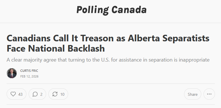 Those Who Agree - "To go to a foreign country and to ask for assistance in breaking up Canada, there's an old-fashioned word for that, and that is treason"

🟢 All: 71%

🟢 SK/MB: 82%
🟢 ATL: 78%
🟢 ON: 77%
🟢 BC: 75%
🟢 QC: 63%
🟢 AB: 56%

Read it free: canadianpolling.substack.com/p/canadians-ca…