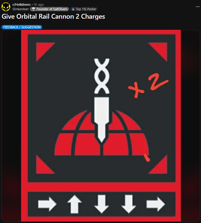 Helldivers_NOW's tweet image. That or make it 1 charge but x10 it's damage and make it target the LARGEST enemy. It'll be niche but it will be a must have if we plan to have more bosses in the future.