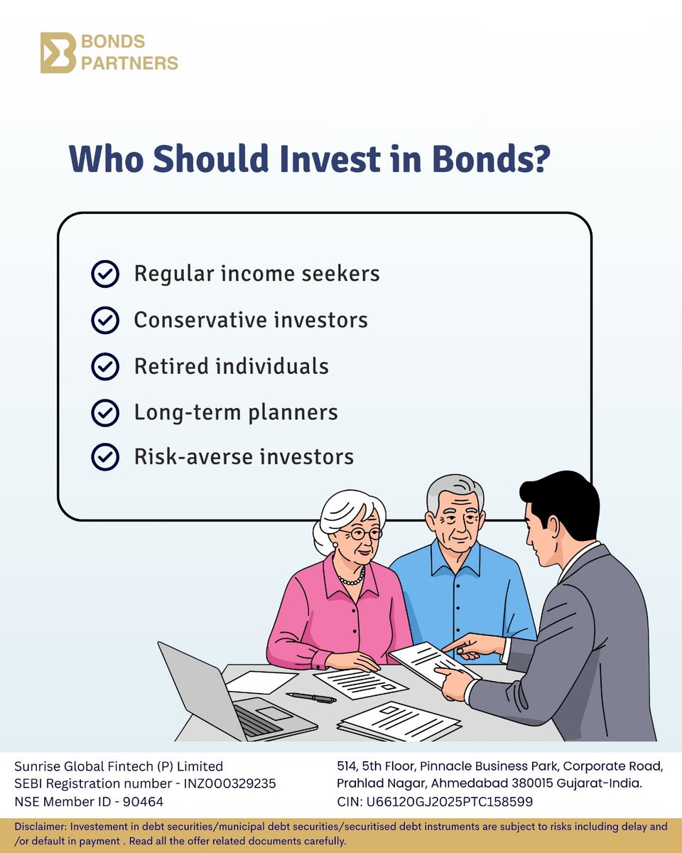 BondsPartners's tweet photo. Who Should Invest in Bonds? 

If you’re looking for stable returns, regular income, and lower risk, bonds could be the right fit for you.

✔️ Regular income seekers
✔️ Conservative investors
✔️ Retired individuals
✔️ Long-term financial planners
✔️ Risk-averse investors https://t.co/9tVtqD5Muf