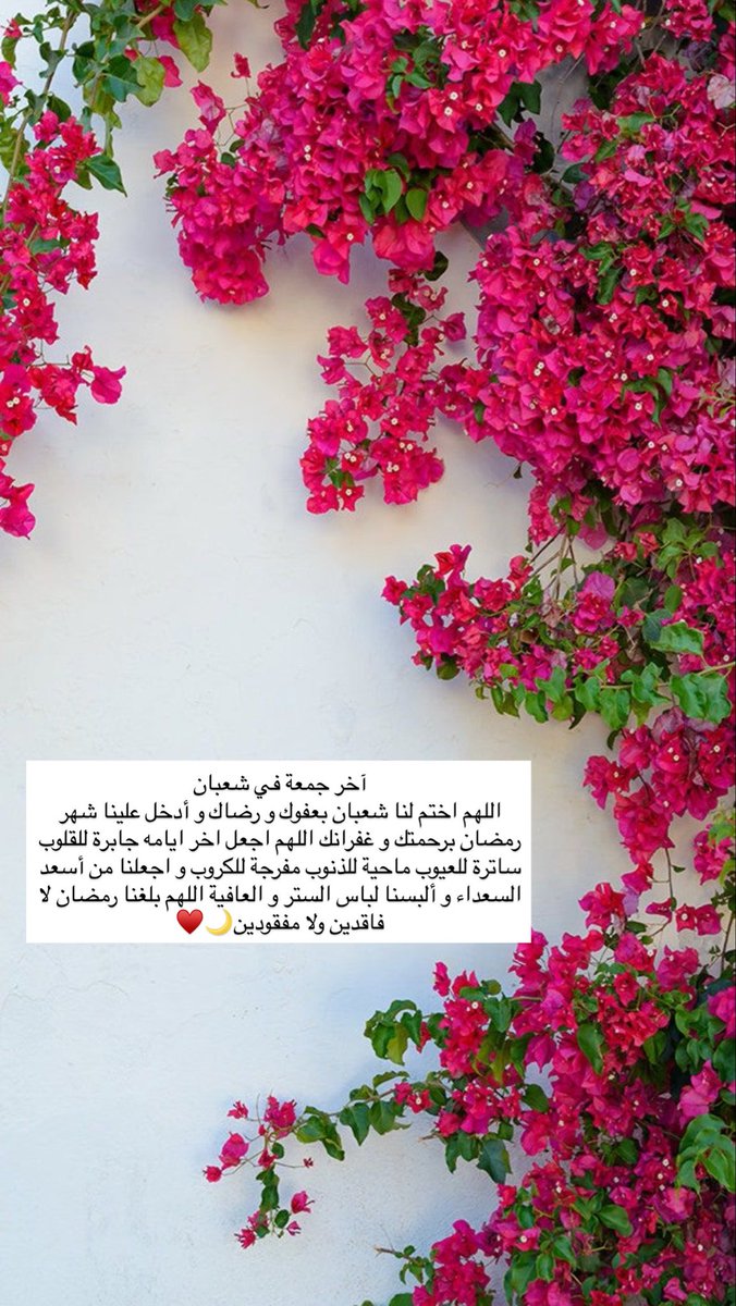 آخر جمعة في شعبان
اللهم اختم لنا شعبان بعفوك و رضاك و أدخل علينا شهر رمضان برحمتك و غفرانك اللهم اجعل اخر ايامه جابرة للقلوب ساترة للعيوب ماحية للذنوب مفرجة للكروب و اجعلنا من أسعد السعداء و ألبسنا لباس الستر و العافية اللهم بلغنا رمضان لا فاقدين ولا مفقودين🌙♥️