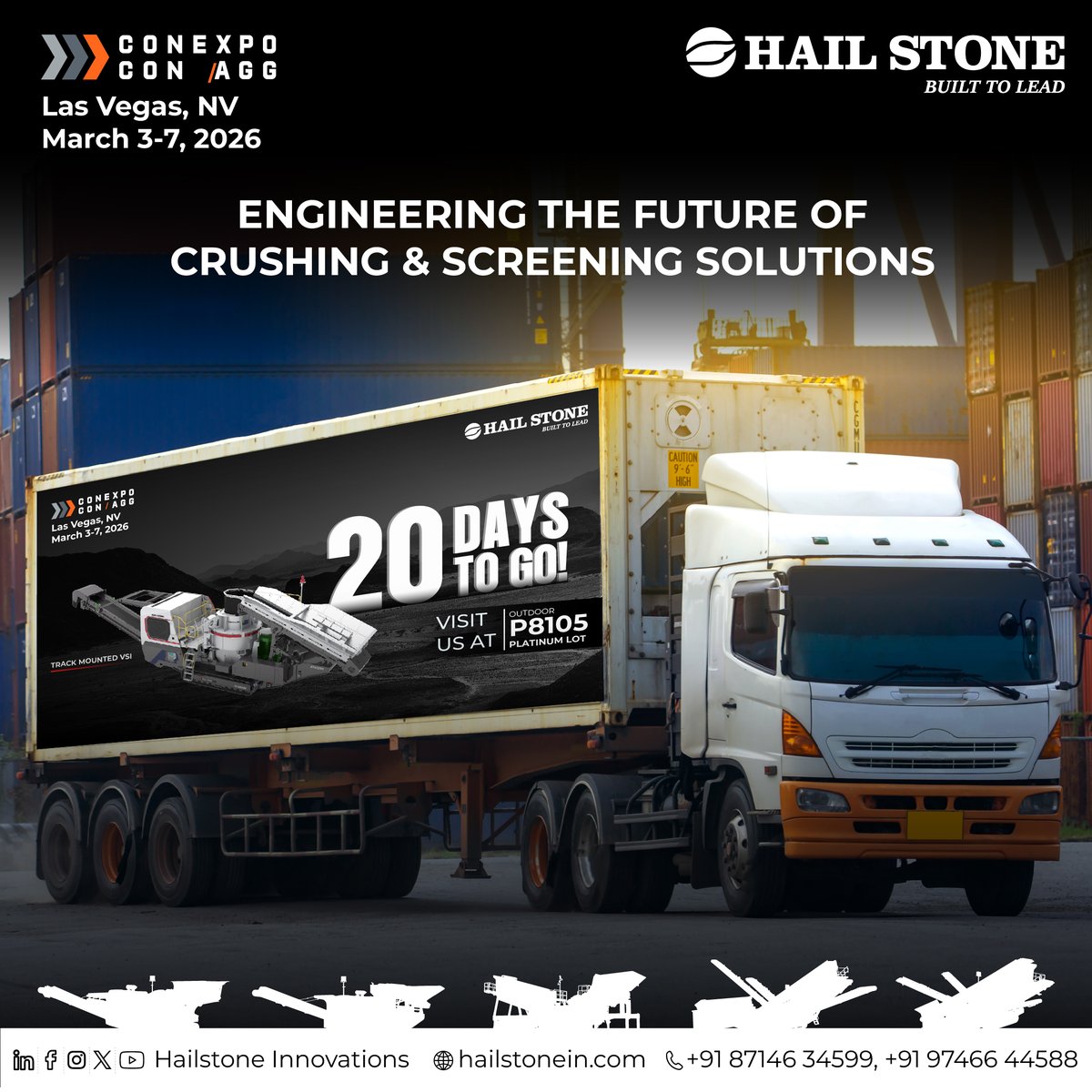 HailstonePvtLtd's tweet image. 🌟 20 DAYS TO GO – CONEXPO CON/AGG 2026! 🌟
The countdown is on!

📅 Date: March 3–7, 2025
🕘 Timings: 09:00 AM – 05:00 PM PST
📍 Location: Outdoor – Platinum Lot – P8105
📌 Venue: Las Vegas Convention Centre, Las Vegas, NV

#Hailstone #ConExpo2026 #20DaysToGo #Screening