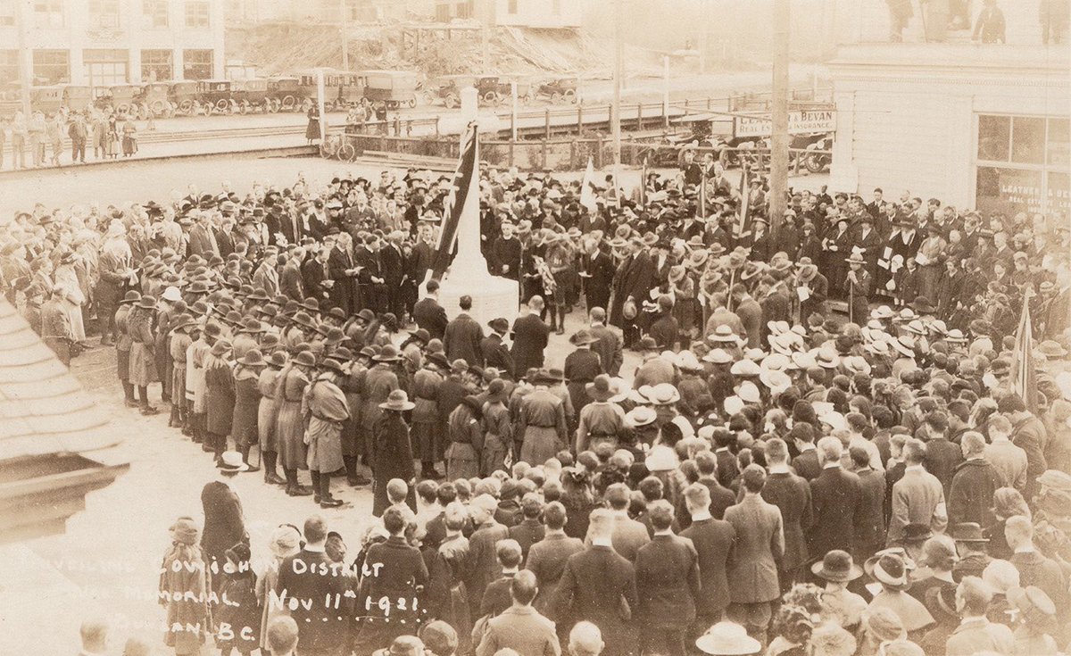 Unveiling ceremony of the Cowichan District War Memorial, Duncan, BC. Armistice Day 1921 postcard