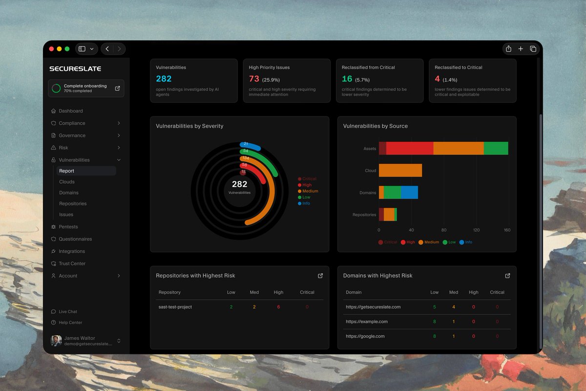 secureslate's tweet photo. All your vulnerabilities, one platform. 🔒

CSPM, DAST, SAST &amp; integrations give full visibility across cloud, apps &amp; code.

Faster fixes ✅ Better prioritization ✅ Lower costs ✅

Learn more: https://t.co/jcVpKdqWRt https://t.co/9ACjA20Brp