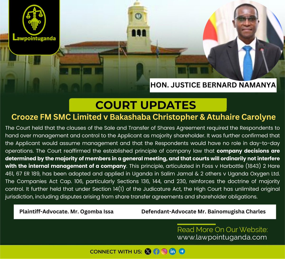 A Shareholder who owns 90% of the shares is legally entitled to management control, absent illegality or fraud. High Court Rules

Read more
lawpointuganda.com/post/a-shareho…