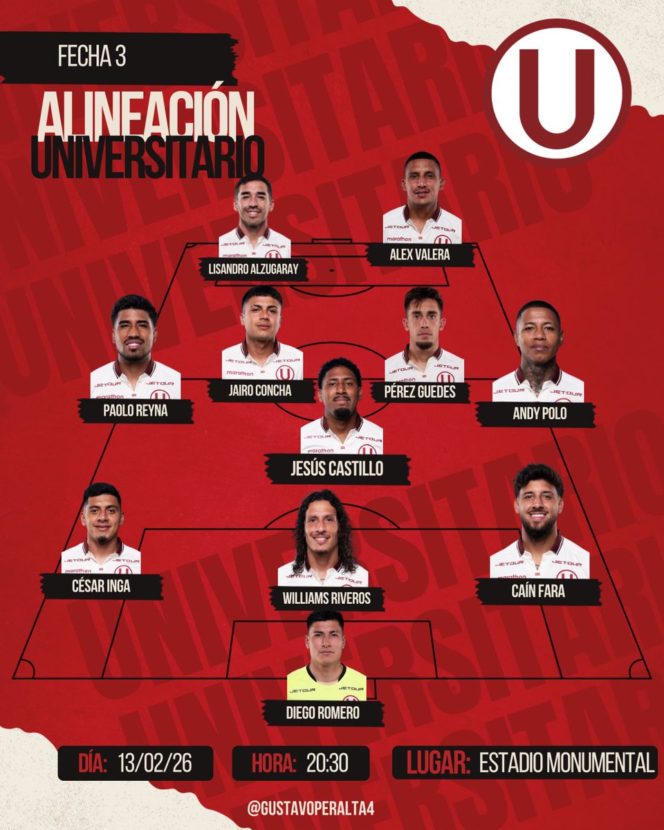 ➡️Este once se trabajó hoy en Universitario de Deportes. 
➡️José Carabalí tiene algunas molestias pero no es nada grave. Mañana se define si arranca o va al banco. 
➡️El once final se conocerá en la charla.