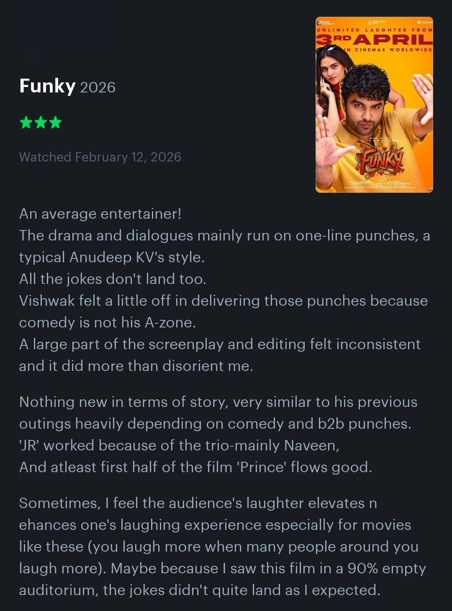 YoursmediaIn's tweet photo. #Funky tho dorikesina #AnudeepKV

Same as his previous films,no novelty in terms of story (which the film team has already declared),this film just runs on his one-line punches and timing!
The jokes feel good here n there but fails to land on whole.
It's a mid-level entertainer! https://t.co/Tz1scbrjcP
