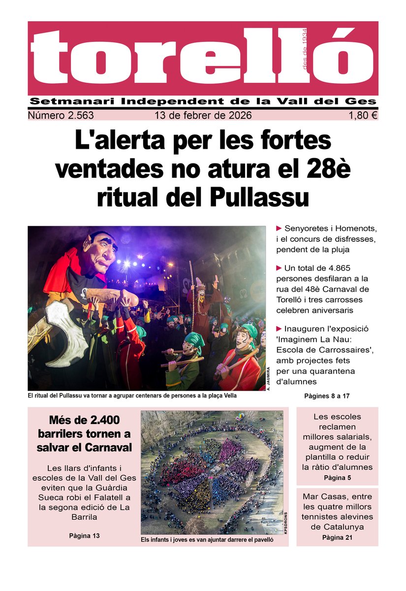 settorello's tweet photo. Bon dia! Aquesta és la portada del @settorello d'aquest divendres 13 de febrer. Que passeu un molt bon @Carnavaltorello després d'aquest gran @pullassu! #torello #valldelges #osona https://t.co/Y2IFPL6uiu