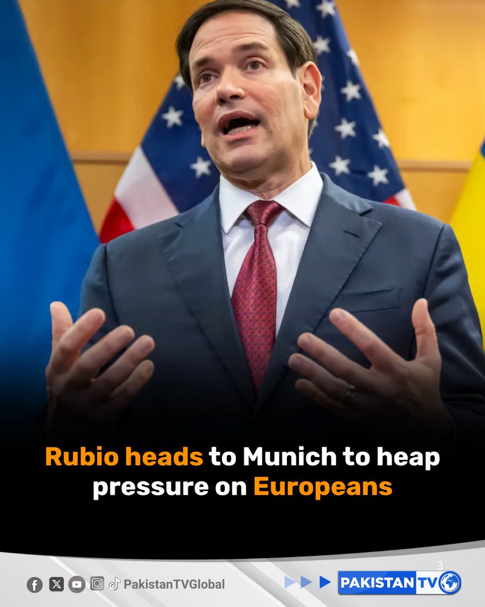 PakTVGlobal's tweet photo. US Secretary of State Marco Rubio departed for the Munich Security Conference, where his aim will be to keep up pressure on Europe, though the tone is expected to be less confrontational than last year.

#MarcoRubio #MunichSecurityConference #USForeignPolicy #EuropeRelations #TransatlanticTies  #PakistanTV #PakistanTvglobal