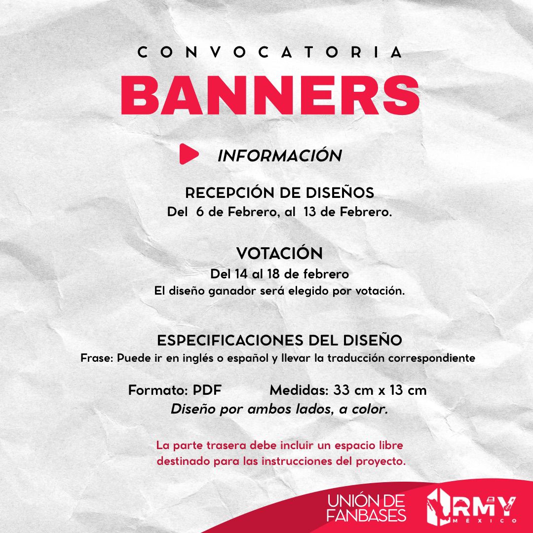 ¡ARMY! 🚨💜
Esto es un recordatorio súper importante: mañana es el cierre de la convocatoria para el diseño de los banners.

¡Es tu momento de brillar! ✨ No dejes pasar la oportunidad de mostrar tu creatividad y ser parte de algo increíble.

🖇️linktr.ee/btsarmymexico