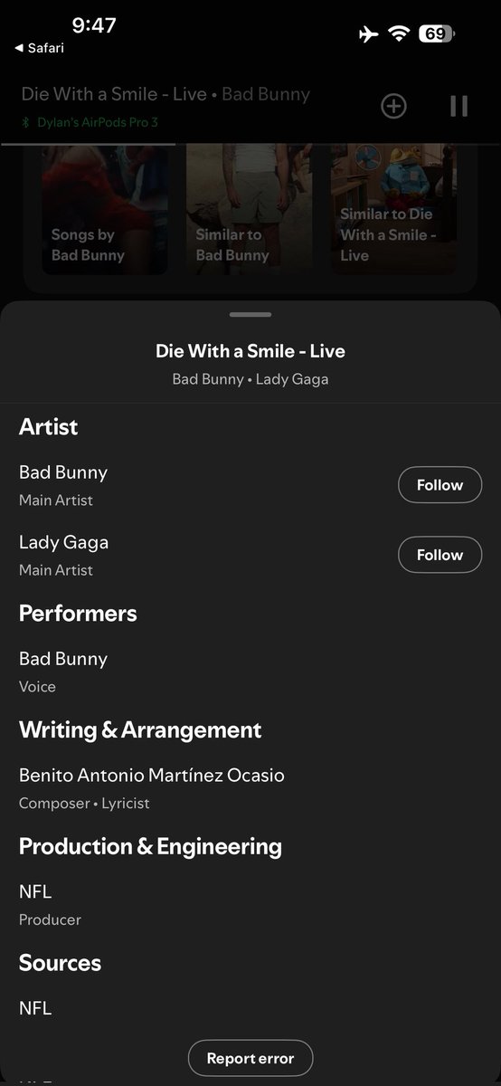 marinozin's tweet photo. pq o bad bunny ta creditado no spotify como compositor de die with a smile na versão do super bowl? https://t.co/ivEBmQB88X