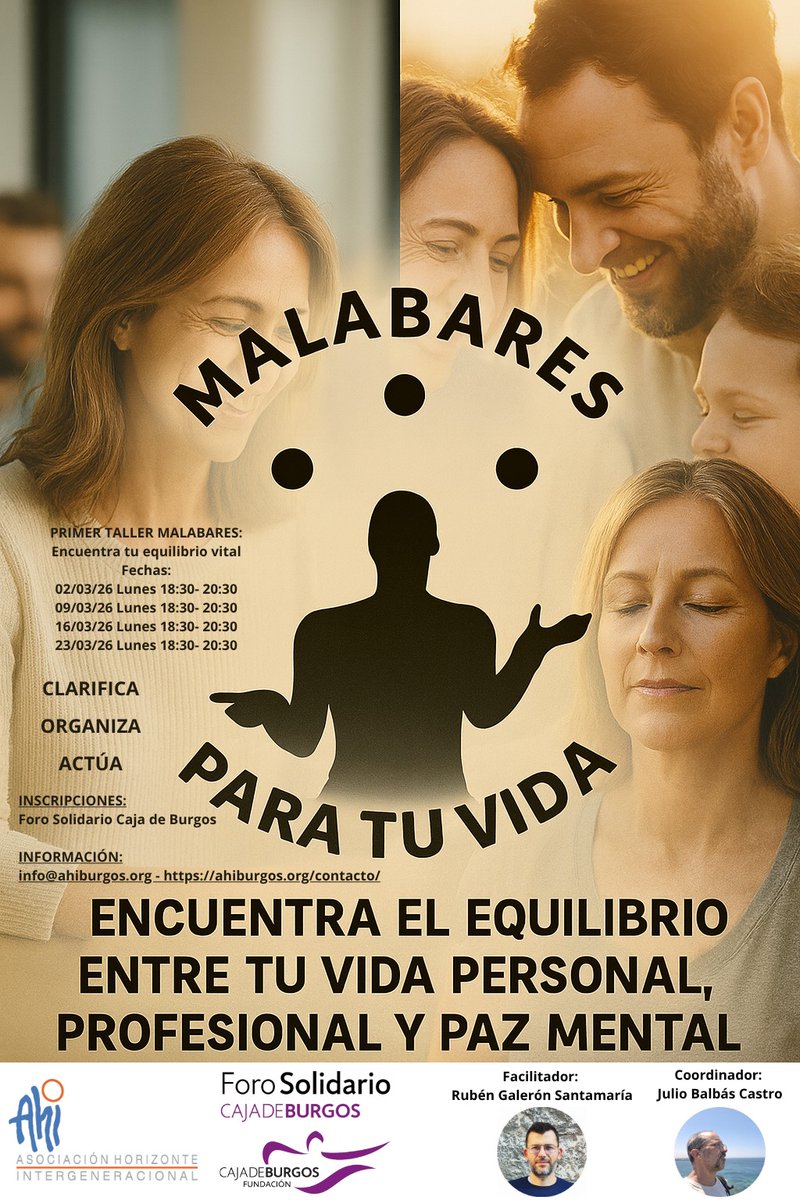 ahiburgos's tweet photo. 🤹‍♀️ Primer Taller Malabares para tu vida 🤹‍♀️
📅 Del 2 al 23 de marzo de 2026 (4 lunes · 18:30–20:30 h)
📍 @ForoSolidario 
Un espacio práctico y cercano para reencontrar el equilibrio entre tu vida personal, profesional y tu bienestar mental.
🌐 Más info: https://t.co/q9Q3zA8aWM https://t.co/x11fvCKBBO