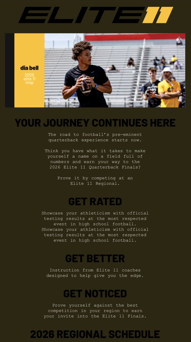 Blessed to receive an invite for Regional Elite 11 Competition! Oakland, CA 4/25, ready to work! 
<a href="/NickRolovich/">Nick Rolovich</a> <a href="/hardynickerson/">Hardy Nickerson</a> <a href="/JayGuarantano/">Jarrett Guarantano</a> <a href="/CoachAnderson_M/">Marc Anderson</a> <a href="/CoachShoeUI/">Ian Shoemaker</a> <a href="/CoachWFox/">Will Fox</a> <a href="/edsoncanales1/">Edson Canales</a>