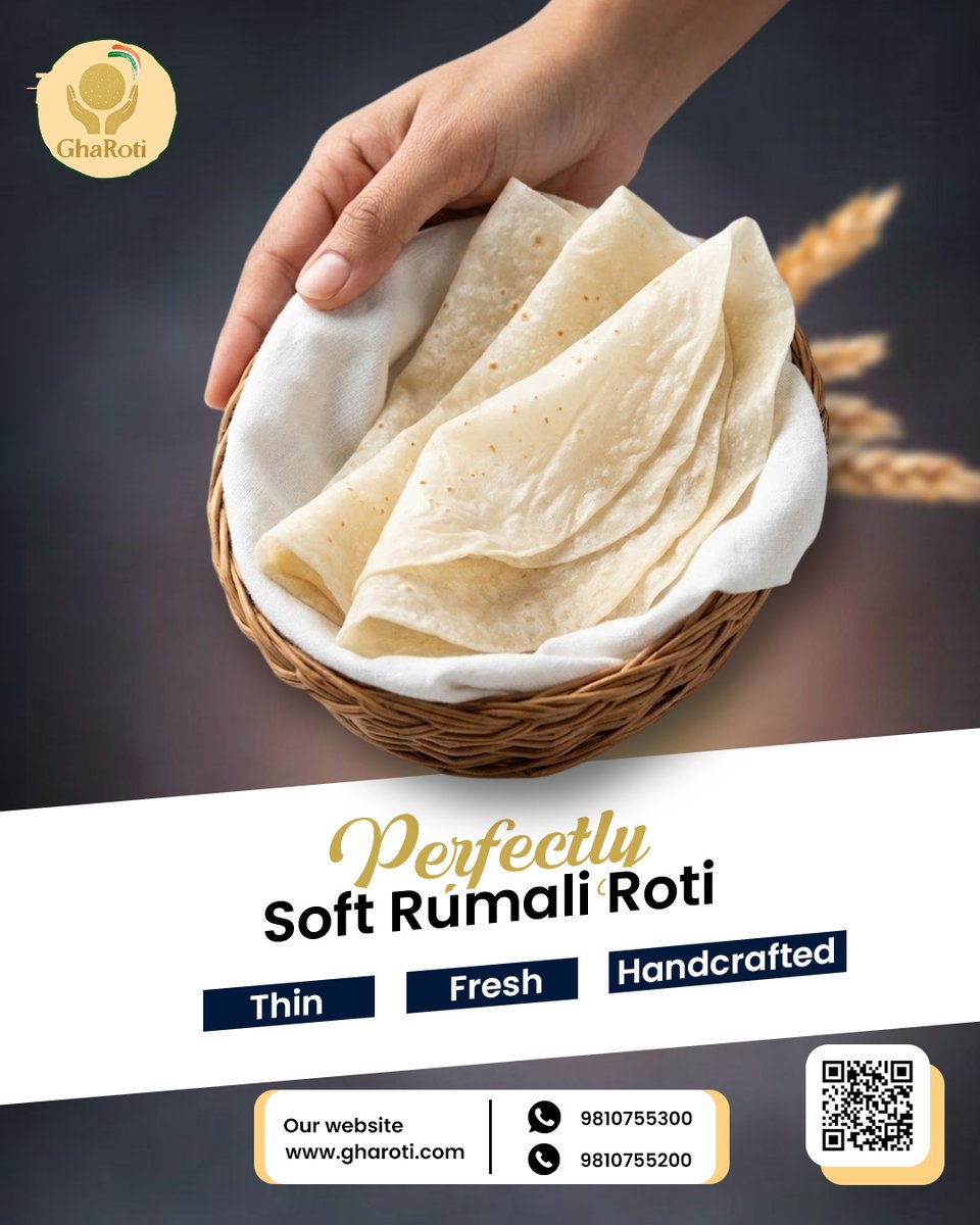GharotiG's tweet image. Experience the authentic taste of tradition with GhaRoti’s Rumali Roti — handcrafted to perfection, light as a rumal, and soft enough to melt in your hands.
🔥 Thin
✨ Fresh
🤲 Handcrafted
#GhaRoti #RumaliRoti #FreshlyMade #HandcraftedFood #TasteOfTradition #WarmthInEveryBite
