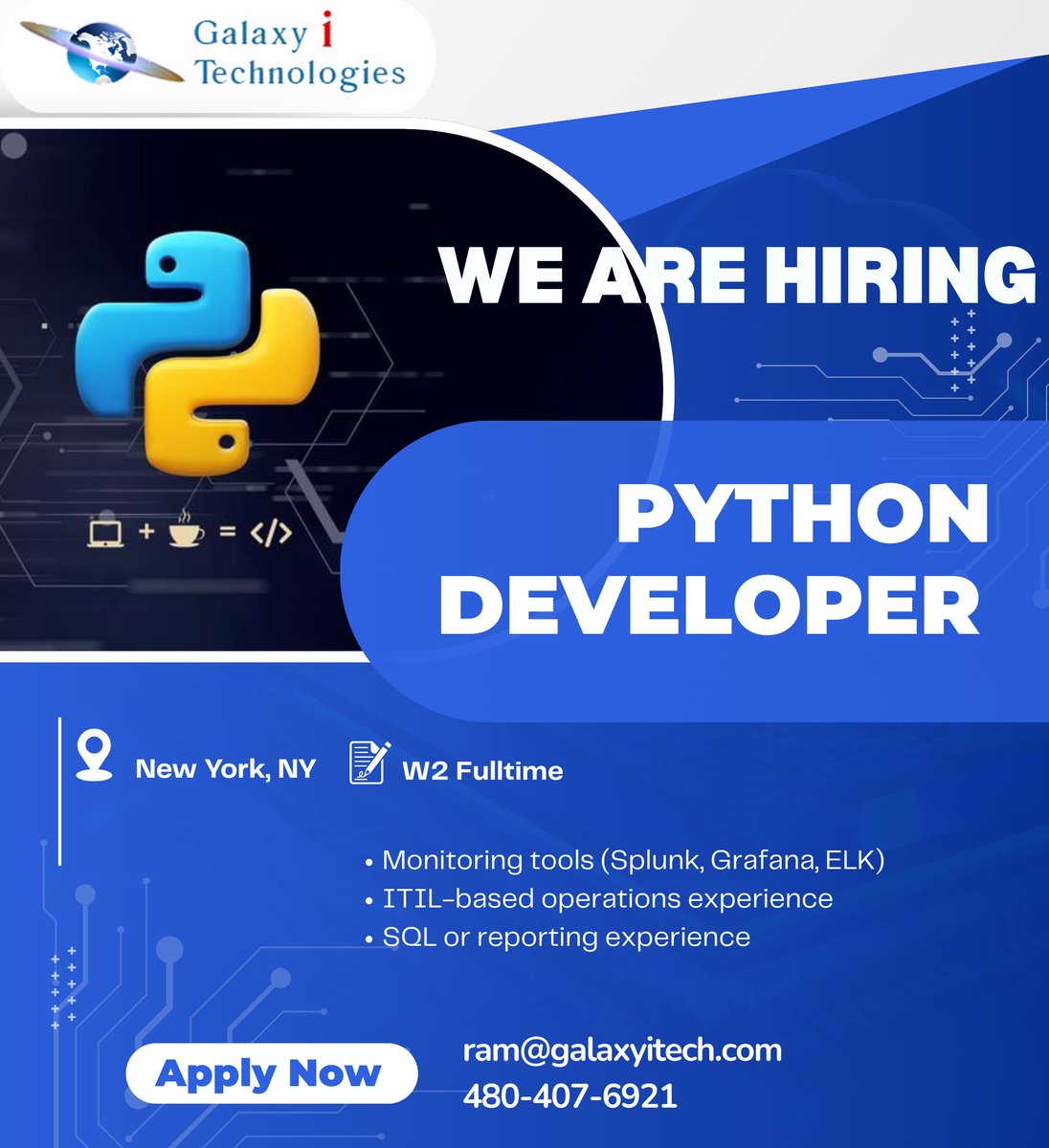 galaxyitech123's tweet photo. Galaxy I Technologies is looking for Python Developer in New York, NY

Apply Now: https://t.co/N12hf7H34h

#galaxyitech #pythondeveloper #python #pythonprogramming #pythoncode #pythonlearning #programming #pythonprogrammer #coding #pythonprojects #pythonprogramminglanguage https://t.co/T9Y4v8lZHJ