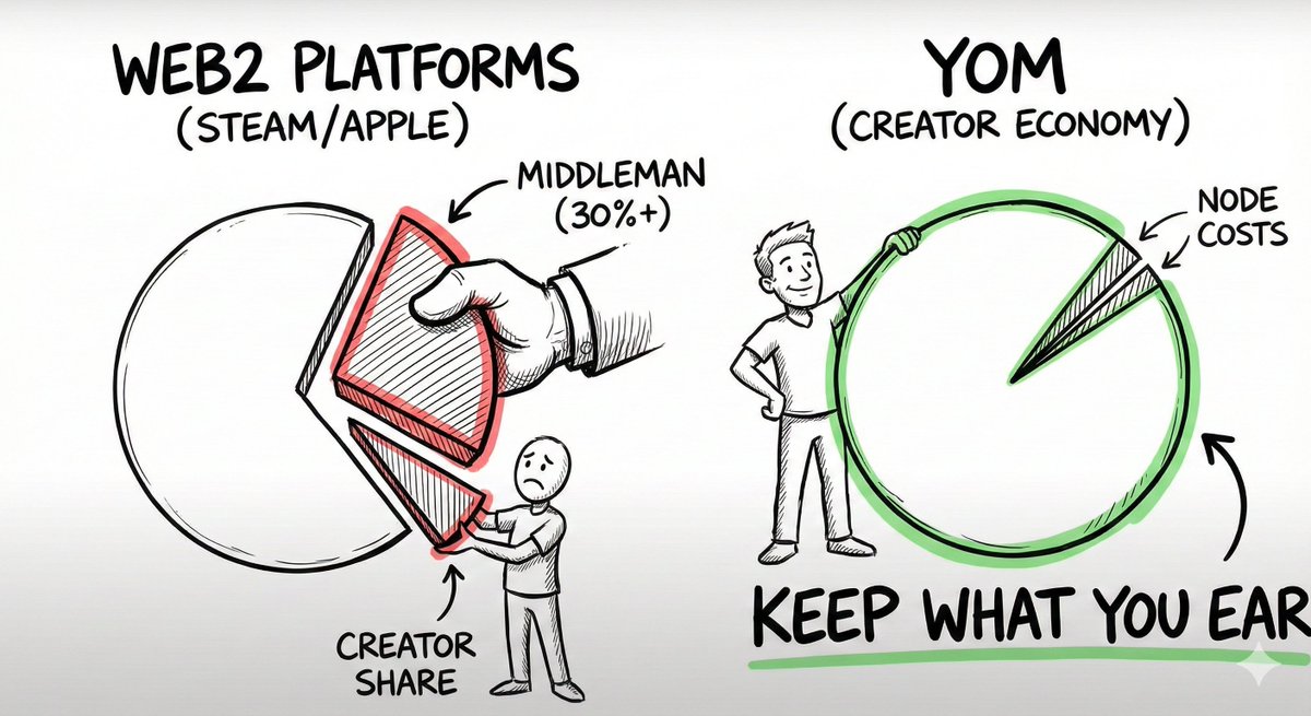 Building the Metaverse is hard work. 😓 Giving away 30% of your revenue just to exist on a platform is harder.
Roblox, Steam, Apple... they all take a massive cut. ✂️💰 <a href="/YOM_Official/">YOM</a> is changing the math for creators. 🧮✨ 🧵👇

The Problem - The Middleman Tax:
In Web2,