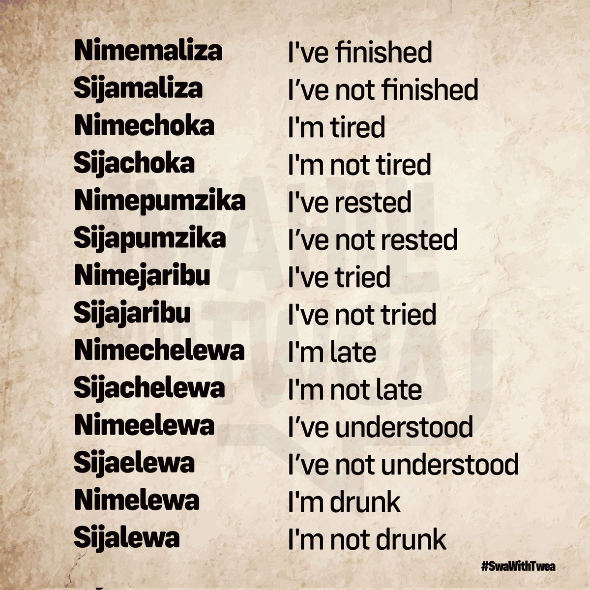 KiswahiliNaTwea's tweet photo. Hamjambo 
Expand your #Swahili diction
#SwaWithTwea https://t.co/czOLsVFtxY