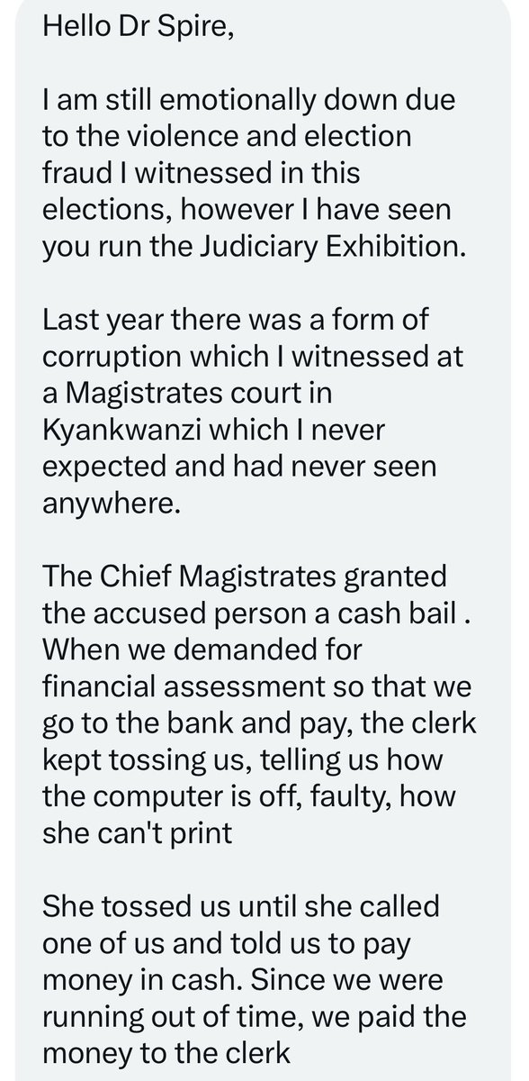 SpireJim's tweet image. A testimony on corruption in magistrate courts … and allegations that absenteeism of judicial officers is meant to facilitate corruption …
#UgandaJudiciaryExhibition