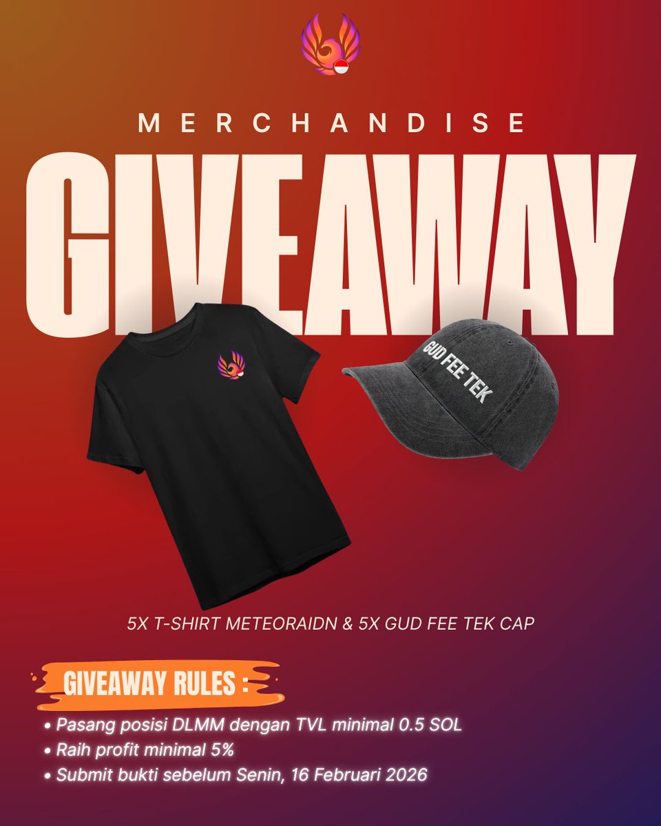 MeteoraIDN Merchandise Giveaway 🎁

Challenge dari kita:
- Open posisi DLMM min 0.5 SOL
- Close dengan profit min 5%
- Submit bukti ke DM sebelum Senin, 16 Feb 2026

10 pemenang pertama dapat kaos atau topi MeteoraIDN gratis!

Siapa yang yakin bisa profit 5%? ☝️