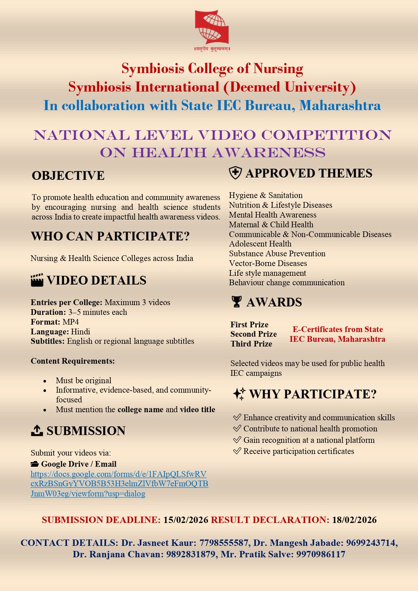 SCON_symbi's tweet image. 🏥 National Level Video Competition on Health 
🗓 Deadline: 16 Feb 2026
🔗 Register Now: docs.google.com/forms/d/e/1FAI…
#HealthAwareness #NursingExcellence #NationalCompetition #SCON