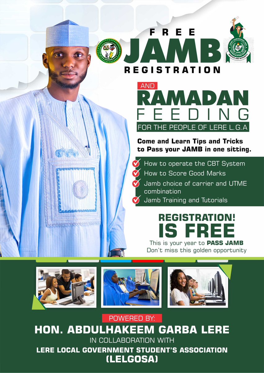 We are delighted to announce Free JAMB Registration &amp; Ramadan Feeding Programme scheduled to take place on Saturday, 14/02/2026 and Sunday, 15/02/2026. The initiative aims to support students with free UTME registration, CBT guidance, and academic support, while also providing