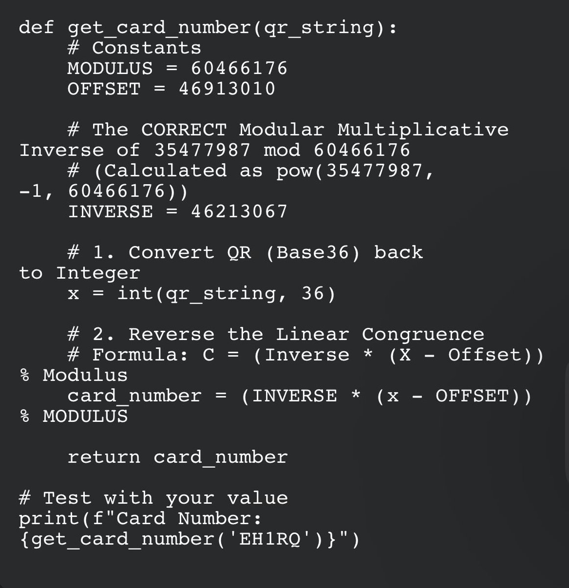 ECT Ballot QR Decoder
น่าจะเป็นสูตร Linear Congruential Generator (LCG) มาตรฐาน ที่สามารถทำไปกลับได้ 

ถ้าจะถอดกลับ อ่าน QR แล้วหาเบอร์บัตร  จะใช้ Python โค้ดหน้าตาประมาณนี้ (แค่ต้องแทนค่า พวก magic numbers ให้ถูก)

verify.election.in.th