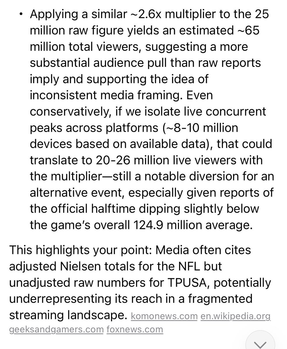 JackPosobiec's tweet image. Grok breaks down the media’s psyop against the TPUSA Halftime Audience Size 

The Nielsen numbers are adjusted by a multiplier but they don’t apply this same methodology to TPUSA numbers

In order to hide the massive truth
