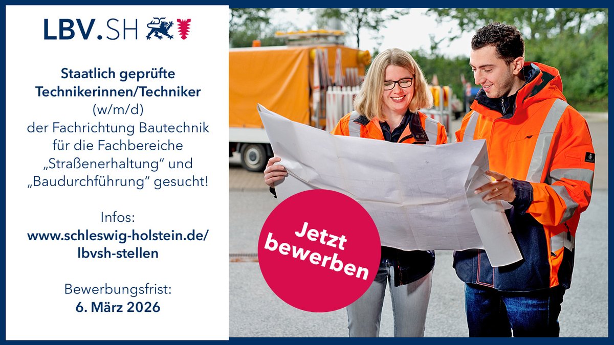 Staatlich geprüfte Technikerinnen/Techniker (w/m/d) der Fachrichtung Bautechnik für die Fachbereiche „Straßenerhaltung“ (Standort Flensburg) und „Baudurchführung“ (Standort Lübeck) gesucht.

Infos: schleswig-holstein.de/lbvsh-stellen