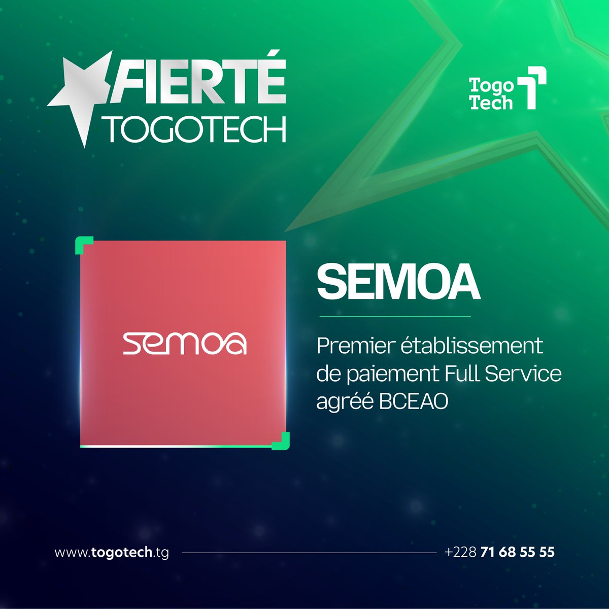 SEMOA, membre fondateur de TogoTech, devient le premier établissement de paiement Full Service agréé par la BCEAO au Togo .

👏 Félicitations à l’équipe de SEMOA!

#semoa #fintech #bceao #togotech #Togo